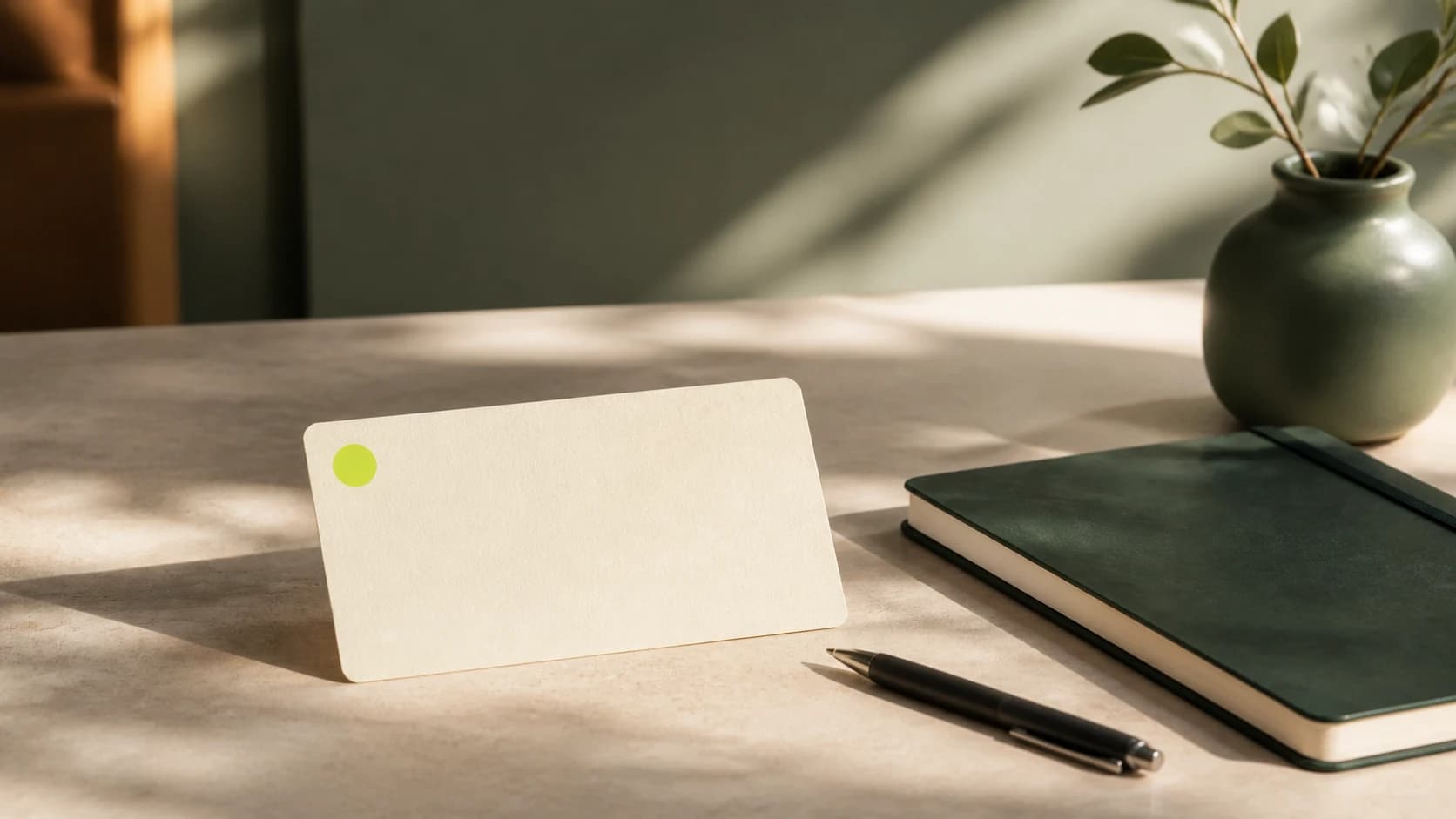 A calm sunlit desk with one priority card highlighted in Taskify lime