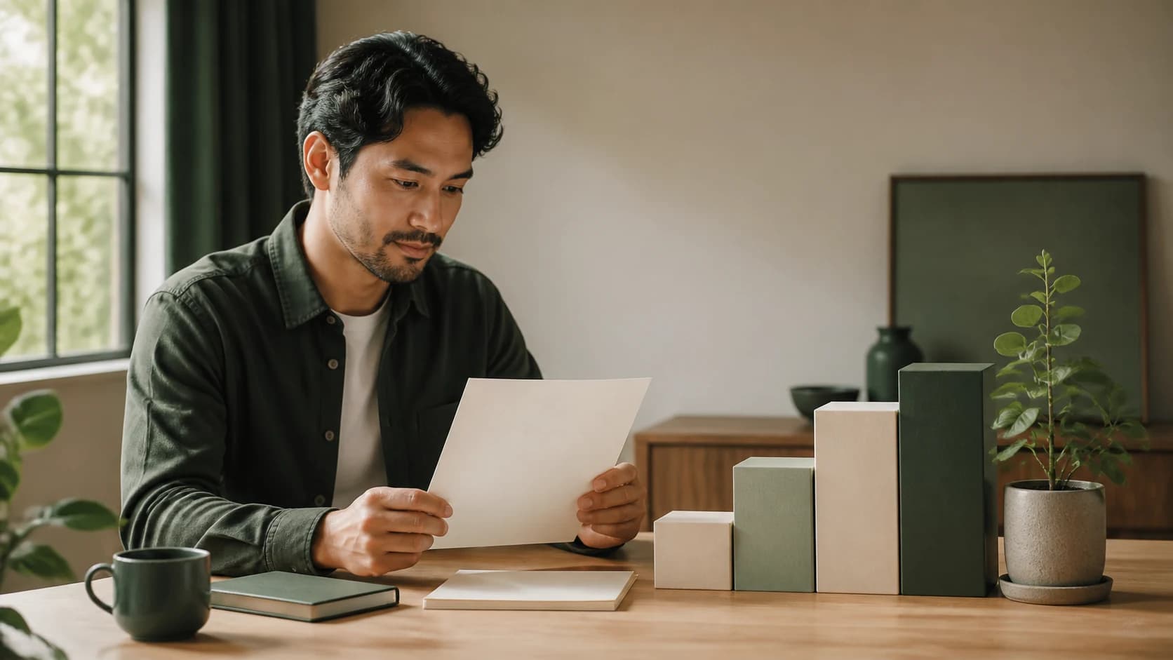 A person reviewing progress beside paper blocks and a growing plant