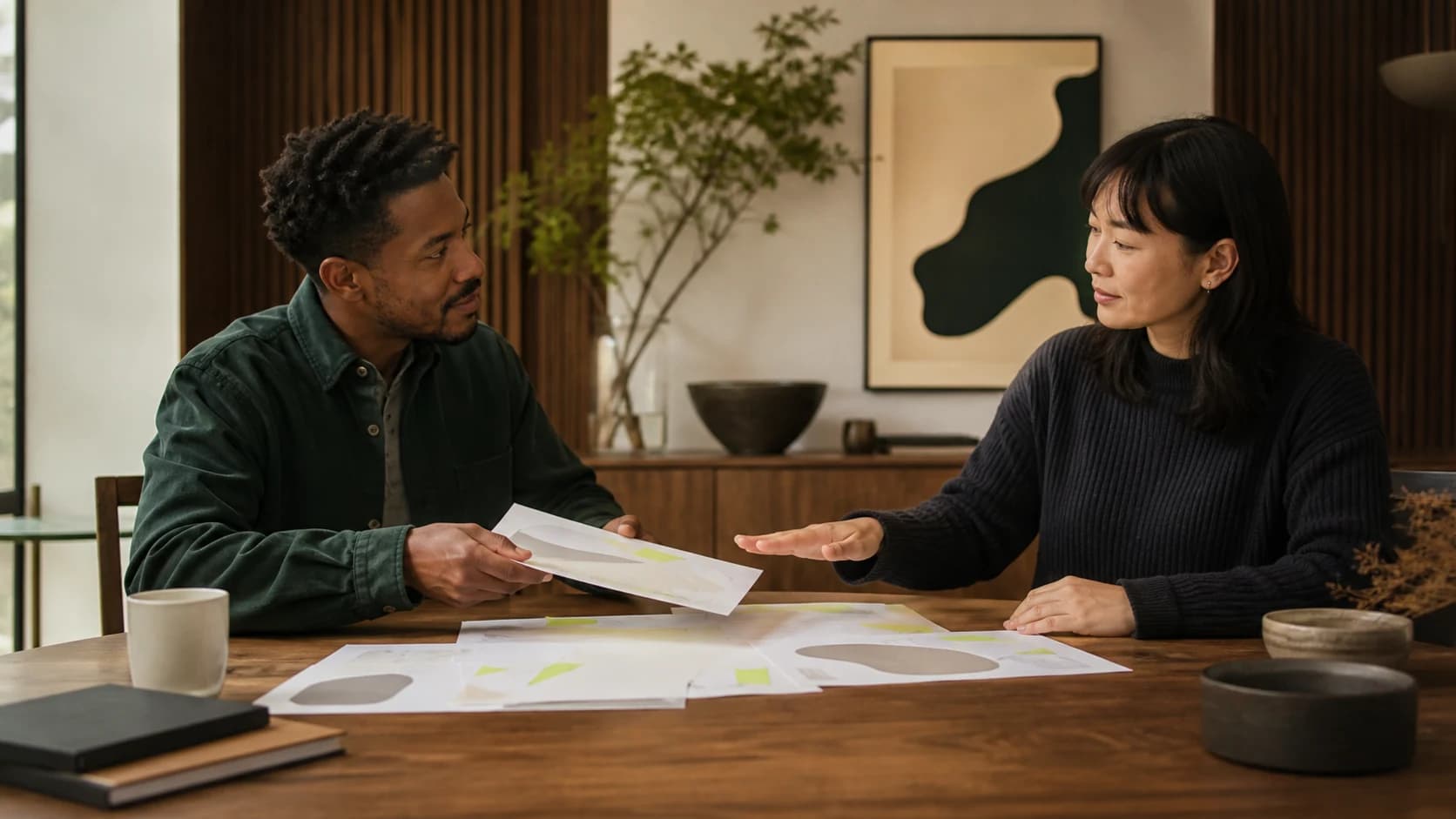 Two professionals reaching a balanced agreement over annotated papers