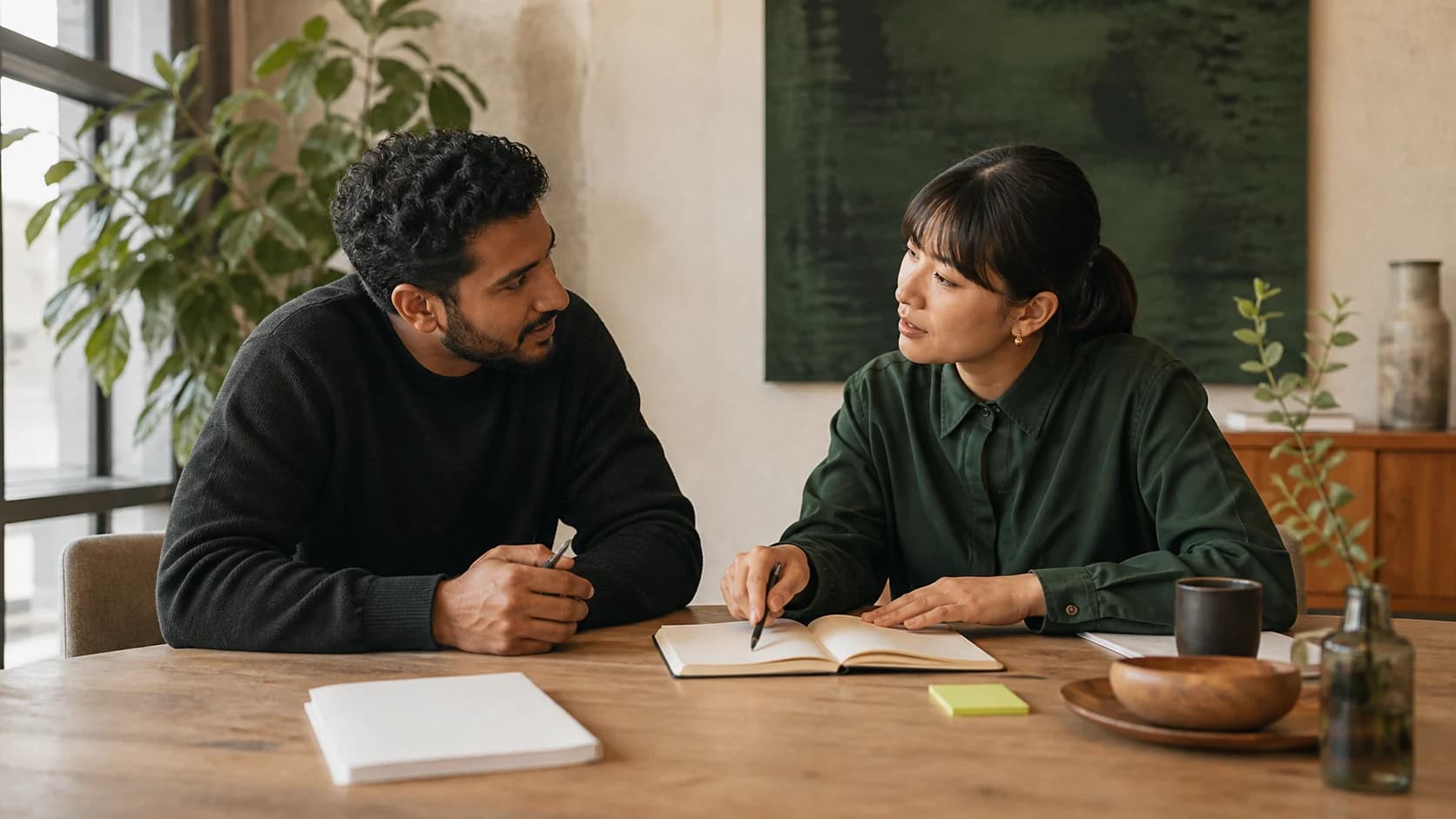 Two colleagues collaborating openly across a table with shared notes